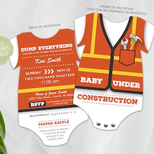 Baby Shower Invitations | Under Construction Baby Shower Invite | Printed Invitation | Baby Bodysuit | Construction Worker