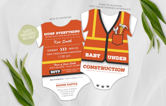 Baby Shower Invitations | Under Construction Baby Shower Invite | Printed Invitation | Baby Bodysuit | Construction Worker