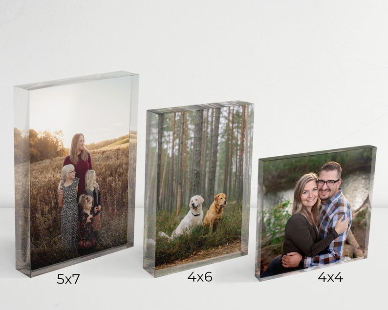 May include: Three acrylic photo blocks with different sizes and images. The largest block is 5x7 inches and shows a family with two children and two dogs in a field. The middle block is 4x6 inches and shows a forest scene with two dogs. The smallest block is 4x4 inches and shows a couple with their arms around each other in a forest setting.