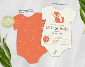 Woodland Baby Shower Invitation | Printed Die Cut Invitation | Baby Bodysuit | Woodland Animal Baby Shower | Baby Fox