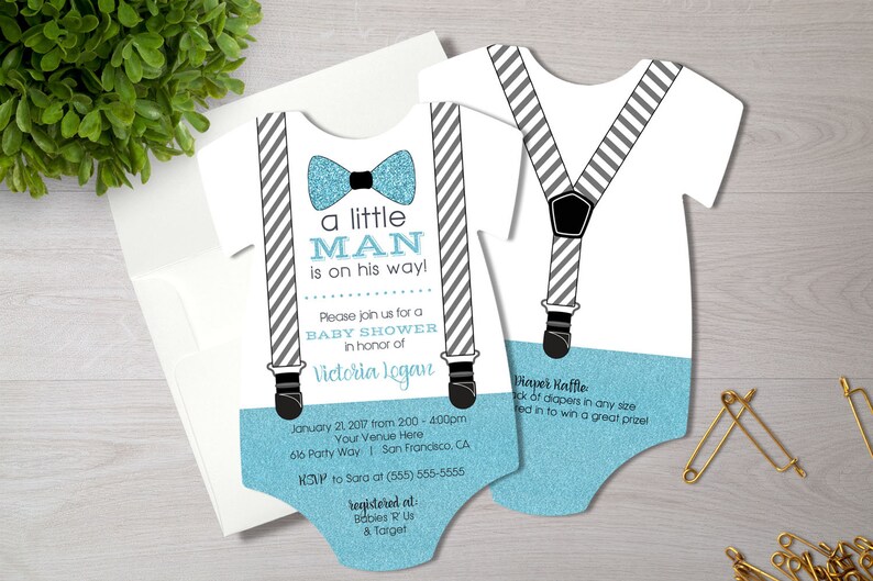 Little Man Baby Shower Invitation Boy Bow Tie and Suspenders | Etsy