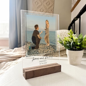 Personalized Acrylic Engagement Picture Frame, Engagement Picture with Wood Base, Custom Photo Print,  Engagement Gift, Bordered Photo