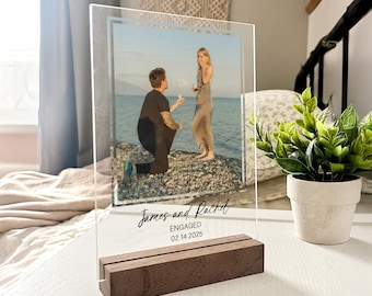 Personalized Acrylic Engagement Picture Frame, Engagement Picture with Wood Base, Custom Photo Print,  Engagement Gift, Bordered Photo
