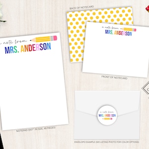 Ensemble de papeterie personnalisée | Jeu de cartes de correspondance plates | Bloc-notes personnalisé cadeau pour professeur | Ensemble de papeterie pour professeur | Crayon jaune coloré
