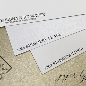 May include: Three paper samples, from left to right: 100# Signature Matte (included at base price), 105# Shimmery Pearl, and 130# Premium Thick. The paper samples are arranged on a gold glitter background.