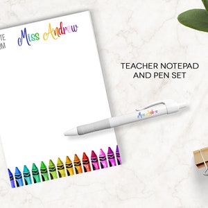 Teacher Pad & Pen Set, Custom Teacher Notepad, Teacher Appreciation, Writing Pad Pen, Gift for Teacher, Teacher Gift, Colorful Crayon