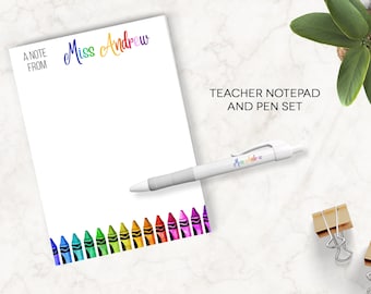 Teacher Pad & Pen Set, Custom Teacher Notepad, Teacher Appreciation, Writing Pad Pen, Gift for Teacher, Teacher Gift, Colorful Crayon