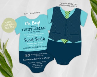 Suit Vest and Tie Baby Shower Invitation | Oh Boy Baby Shower Invite | Printed Die Cut Invitation | Baby Bodysuit