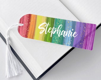 Personalized Acrylic Bookmark, Custom Bookmark, Bookmark with Tassel, Personalized Gift, Readers Gift, Gift for Book Lovers, Rainbow Brush