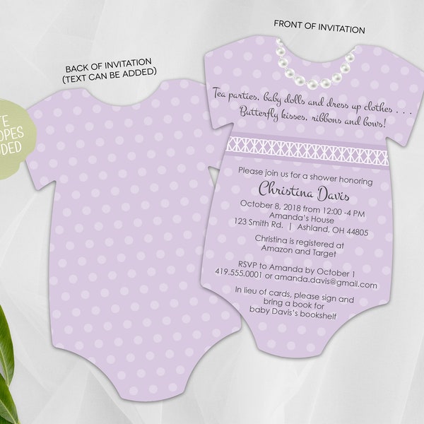 Purple Baby Shower Invitation | Baby Girl Shower Invite | Printed Invitation | Baby Bodysuit | Lavender Ribbons and Pearls