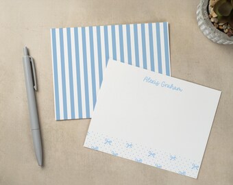 Personalized Stationery Set | Flat Notecard Set | Die-Cut Notecards | Personal Stationary | Blue Bows | Set of 12
