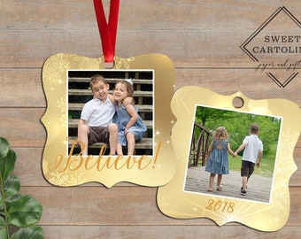 Photo Ornament - Personalized Photo Ornament - Custom Ornament - Christmas Ornament - Holiday Gift -  Believe Golden