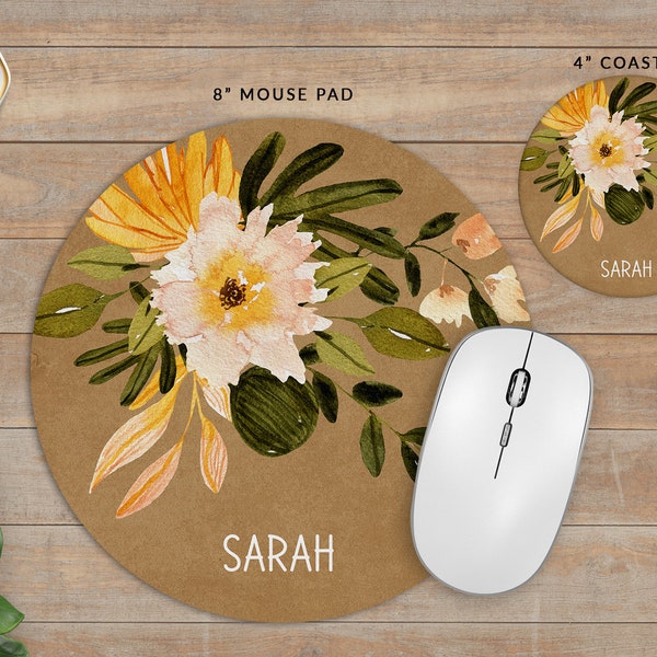 Personalized Desk Set | Mousepad and Coaster Set | Personalized Home Office | Work from Home | Custom Desk Set | Yellow Flowers Kraft Paper