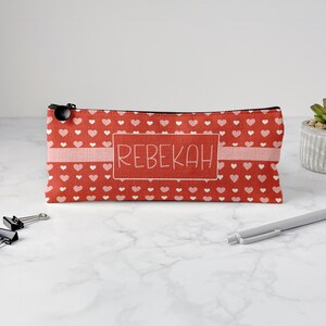 Personalized Pencil Case, Kids Pencil Pouch for School, Back to School Supplies, Kids Custom School Supplies, Art Supply Bag, Red Hearts