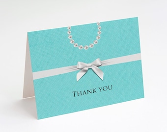 Robin's Egg Blue Thank You Cards | Jewelry Box Inspired Notecards | Ribbons and Pearls Stationery | Folded Card | Blank Notecard