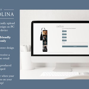 May include: A computer screen displays a website interface for designing a photo bookmark. The bookmark design features a black tassel and multiple photo slots. The text "SWEET CARTOLINA" is at the top of the screen.