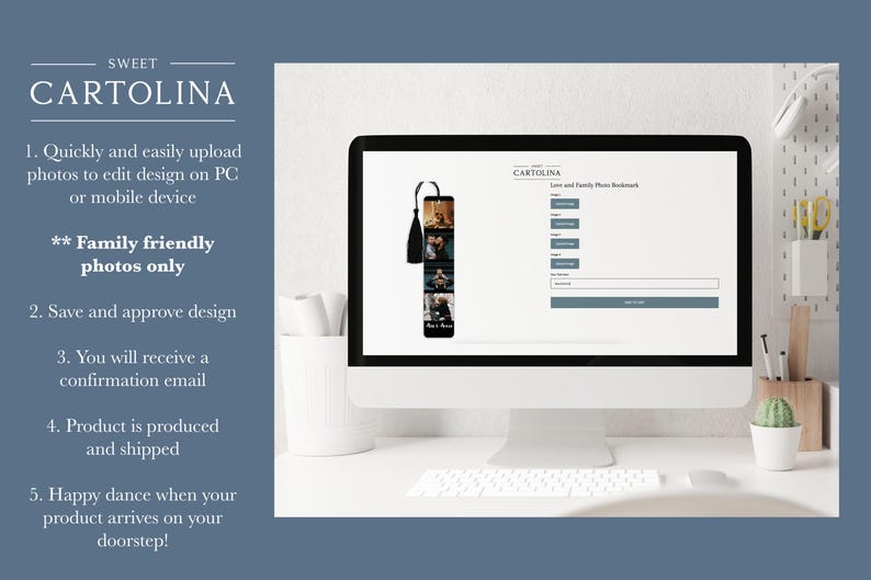 May include: A computer screen displays a website interface for designing a photo bookmark. The bookmark design features a black tassel and multiple photo slots. The text "SWEET CARTOLINA" is at the top of the screen.