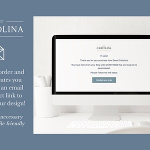 May include: A desktop computer displays an email from Sweet Cartolina, with the text "Thank you for your purchase." The screen also shows a "Complete your order" button. The image includes the Sweet Cartolina logo and text about the ordering process.