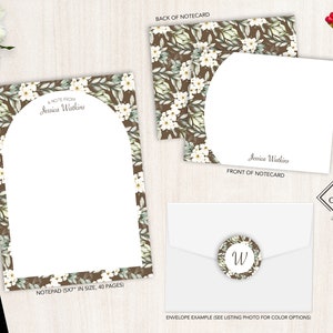 Ensemble de papeterie personnalisée | Jeu de cartes de correspondance plates | Bloc-notes personnalisé | Ensemble de papeterie personnelle florale | Verdure brune et blanche