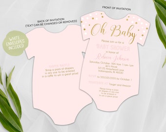 Baby Shower Invitation | Watercolor Shower Invite | Baby Girl Shower Invite | Printed Die Cut Invitation | Baby Bodysuit | Blush Confetti
