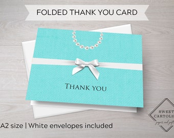 Robin's Egg Blue Thank You Cards | Jewelry Box Inspired Notecards | Ribbons and Pearls Stationery | Folded Card | Blank Notecard