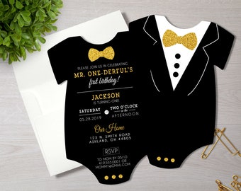 Mr Onederful Birthday Invitation | Bodysuit Birthday Invitation | Boy First Birthday | Printed Birthday Invitation | Tuxedo Gold Glitter