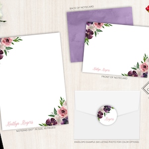 Ensemble de papeterie personnalisée | Jeu de cartes de correspondance plates | Bloc-notes personnalisé | Ensemble de papeterie personnelle florale | Floral féminin
