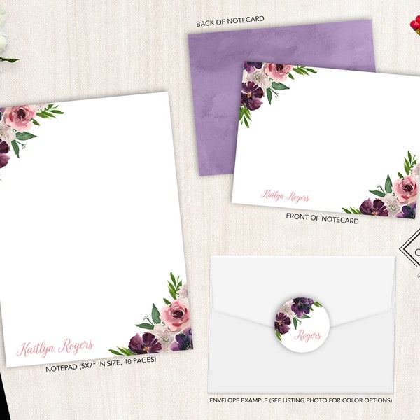 Personalized Stationery Set | Flat Notecard Set | Personalized Notepad | Floral Personal Stationery Set | Feminine Floral