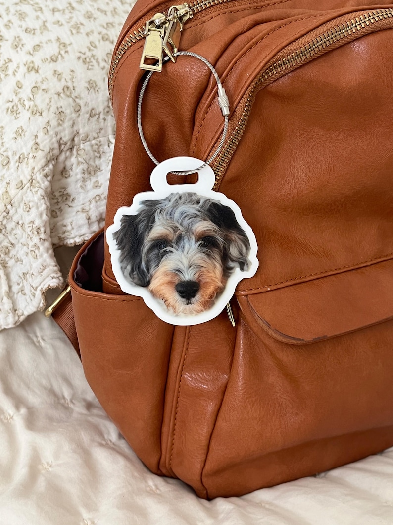 May include: A white luggage tag with a photo of a dog's face, attached to a brown backpack with a silver wire loop. The dog has black, gray, and tan fur. The backpack has a zipper and a front pocket.