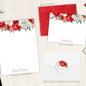 Ensemble de papeterie personnalisée | Jeu de cartes de correspondance plates | Bloc-notes personnalisé | Ensemble de papeterie personnelle florale | Floral rouge éclatant