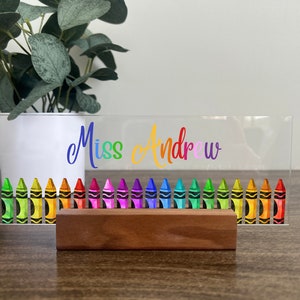 Teacher Name Plate, Acrylic Name Plate, Personalized Teacher Sign, Desk Name Plate, Custom Name Plate, Office Sign, Colorful Crayon