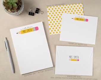 Personalized Stationery Set | Flat Notecard Set | Personalized Teacher Gift Notepad | Teacher Personal Stationery Set | Yellow Pencil