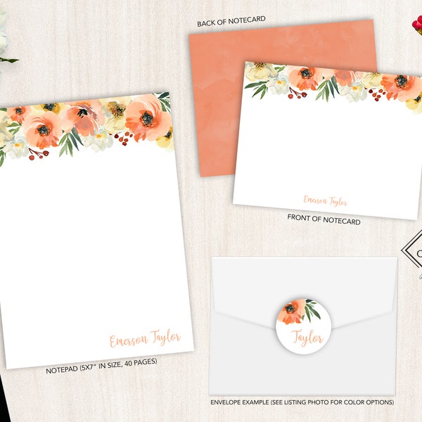 Personalized Stationery Set | Flat Notecard Set | Personalized Notepad | Floral Personal Stationery Set | Pretty Peach Floral Notecard Set