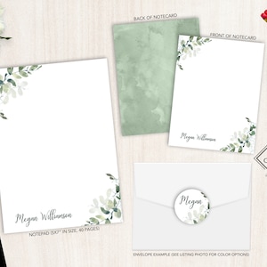 Ensemble de papeterie personnalisée | Jeu de cartes de correspondance plates | Bloc-notes personnalisé | Ensemble de papeterie personnelle florale | Verdure| Aquarelle | Eucalyptus