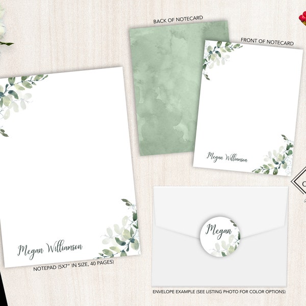 Personalized Stationery Set | Flat Notecard Set | Personalized Notepad | Floral Personal Stationery Set | Greenery| Watercolor | Eucalyptus