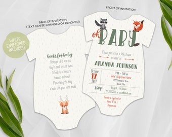 Baby Shower Invitation | Printed Die Cut Invitation | Baby Bodysuit | Hunting Baby Shower | Woodland Oh Baby