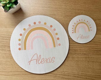 Personalized Kids Mousepad and Coaster Set, Custom Name Desk Decor, Personalized Kid Gift, Office Desk Set, Work from Home Gift,Boho Rainbow