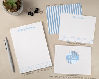 Personalized Stationery Set | Flat Notecard Set | Personalized Notepad | Floral Personal Stationery Set | Blue Bows