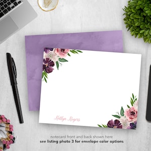 Ensemble de papeterie personnalisée | Jeu de cartes de correspondance plates | Cartes de correspondance prédécoupées | Papeterie personnelle | pour notes floral féminin pourpre | Lot de 12