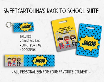 Back to School Supplies | Luggage Tag | Keychain | Lunch Box Tag | Bookmark | Back to School Suite | Kids Bag Tag | Blue Superhero