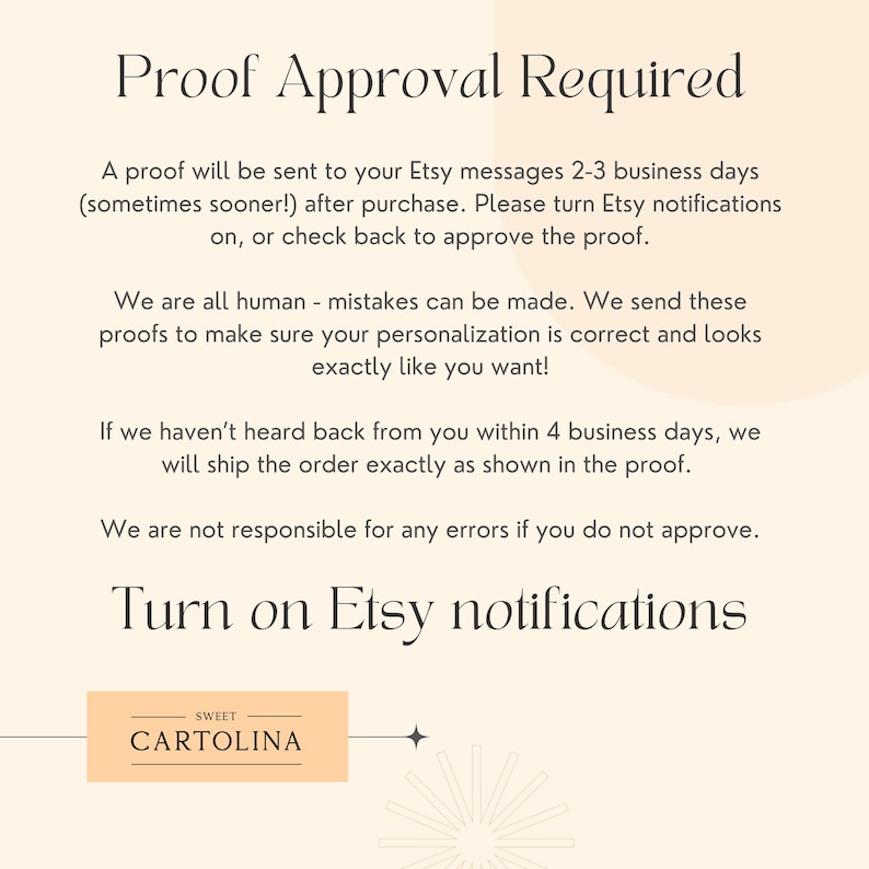 Puede incluir: Gr&aacute;fico color crema con el texto "Proof Approval Required" e instrucciones para aprobar pruebas en Etsy. Incluye el texto "Turn on Etsy notifications" y el logotipo de Sweet Cartolina.