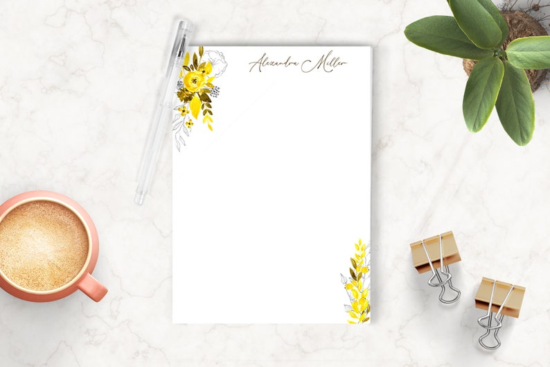 Custom Notepad Whimsical Floral Notepad Writing Pad Yellow Flowers Gift for Her Personalized Notepad Personalized Stationery