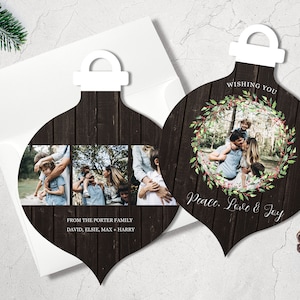 Carte photo de Noël, Carte photo, Joyeux Noël, Carte de voeux pour les fêtes, Carte en forme d'ornement, Carte de vœux, Paix rustique