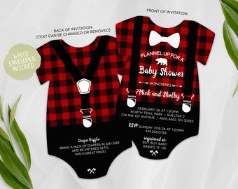 Baby Shower Invitation | Flannel Bow Tie Suspenders Invitation | Printed Die Cut Invitation | Baby Bodysuit | Flannel Lumberjack Suspenders