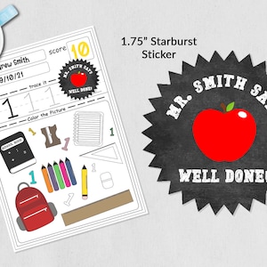 May include: A black and white printable worksheet with a red apple sticker. The worksheet has a score of 10 and the date 09/10/21. The worksheet has a picture of a backpack, pencils, a ruler, a sharpener, and a notebook. The sticker says "Mr. Smith Says Well Done!" and has a red apple on it.