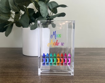 Teacher Personalized Pencil Holder, Custom Teacher Gift, Teacher Appreciation, Desk Organizer, Acrylic Pen Holder, Colorful Crayon