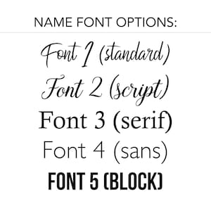 May include: Image displaying five name font options. The fonts are labeled: Font 1 (standard), Font 2 (script), Font 3 (serif), Font 4 (sans), and Font 5 (BLOCK). The text is in black against a white background.