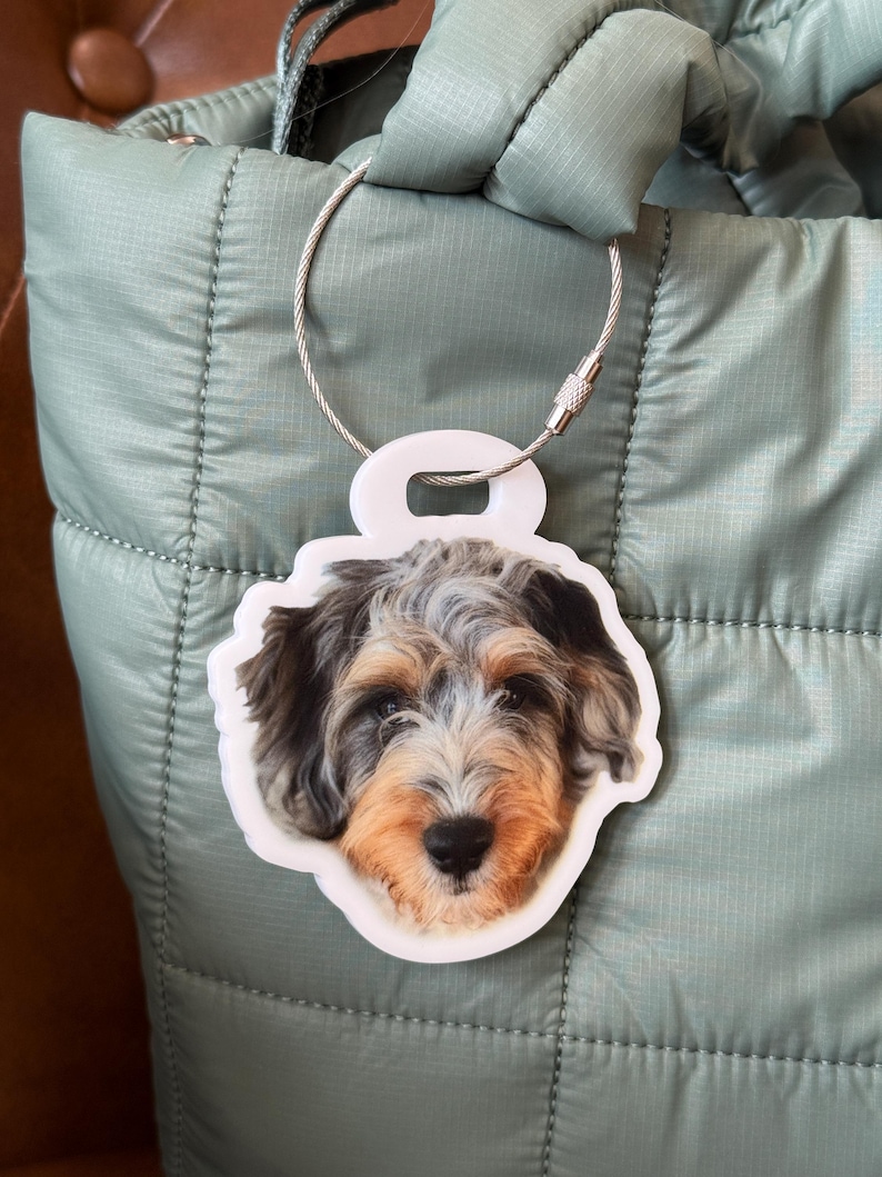 May include: A white dog tag with a wire loop and a detailed image of a dog's face. The dog has brown, black, and tan fur. The tag is attached to a light green quilted tote bag.