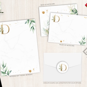 Ensemble de papeterie personnalisée | Jeu de cartes de correspondance plates | Bloc-notes personnalisé | Ensemble de papeterie personnelle de verdure | Monogramme verdure et or
