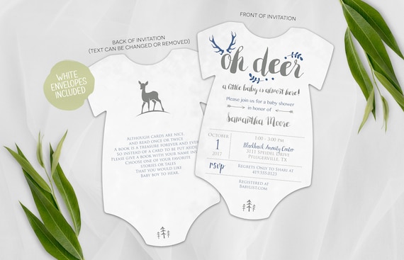 Oh Deer Baby Shower Invitation | Woodland Invitation | Printed Die Cut Invitation | Baby Bodysuit | Hunting Baby Shower | Little Buck Invite